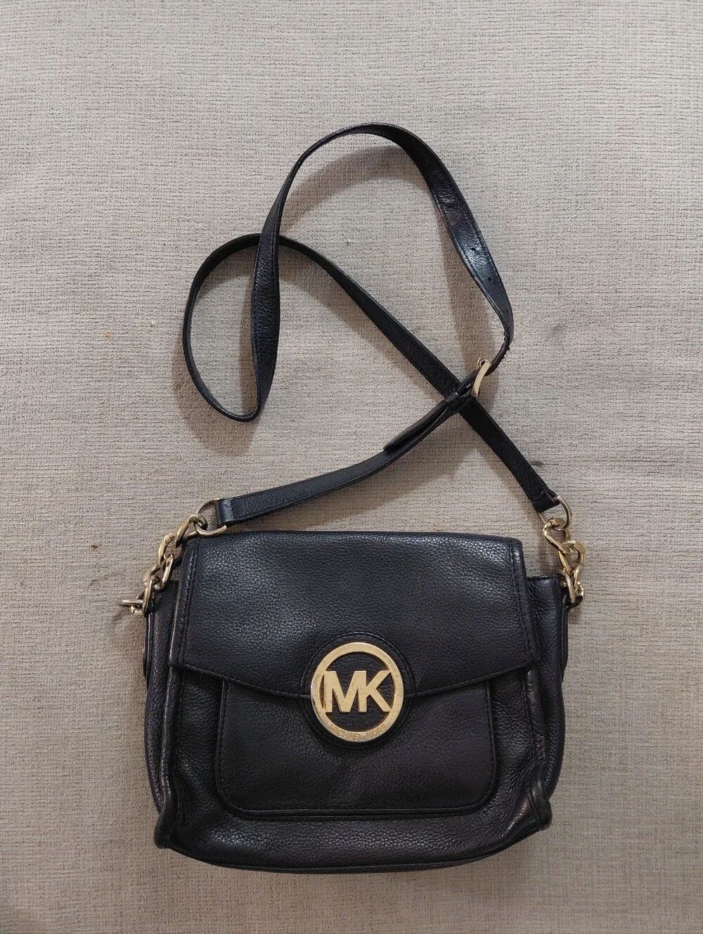 Michael Kors Black Leather Crossbody with Gold MK Emblem